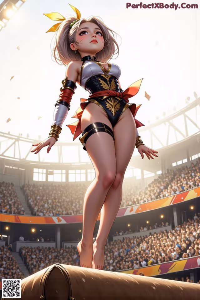 A woman standing on top of a barrel in front of a crowd.