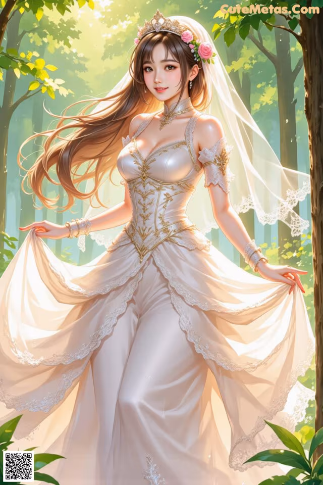 A woman in a wedding dress standing in the woods.