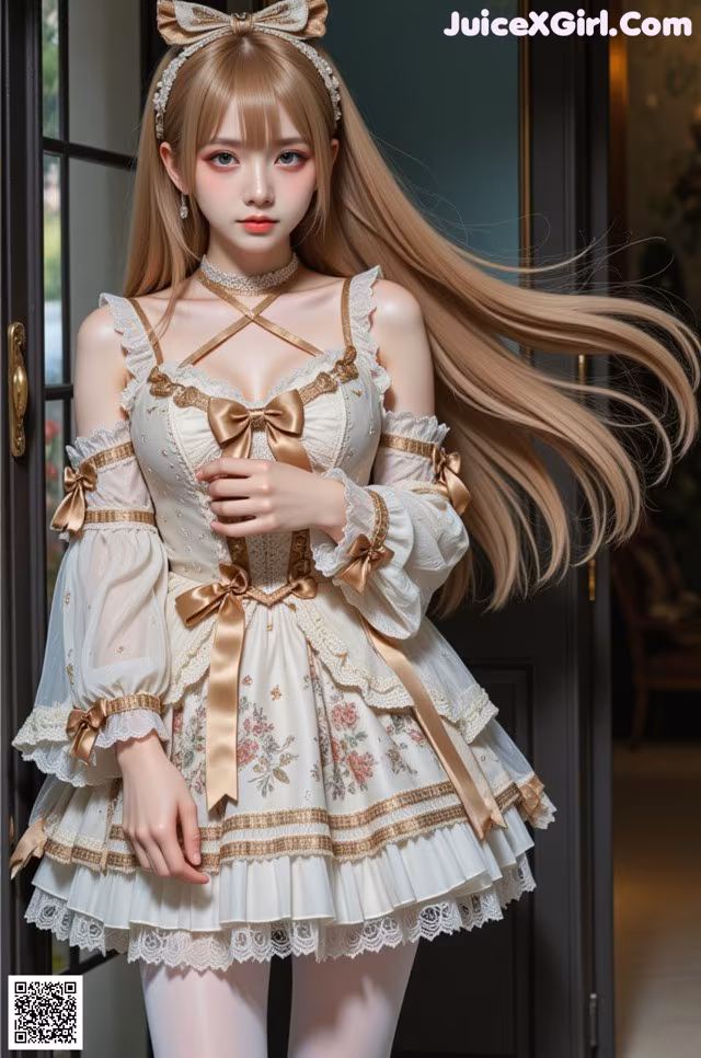 A woman with long blonde hair wearing a white dress.