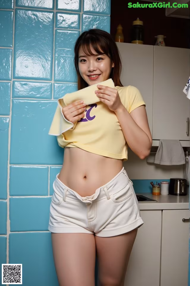 A woman in a yellow shirt and white shorts holding a towel.