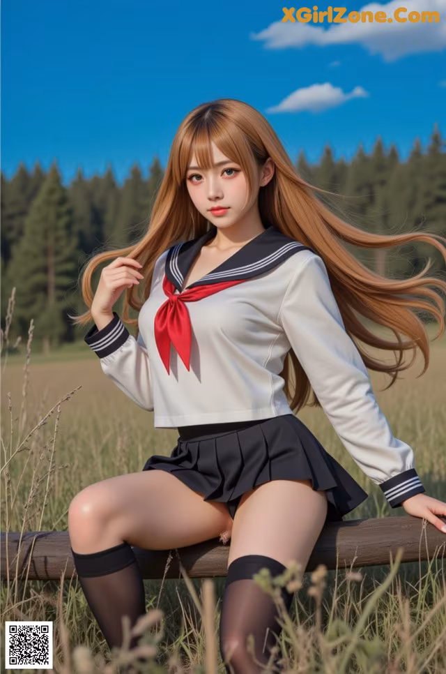 A woman in a school uniform sitting on a bench.