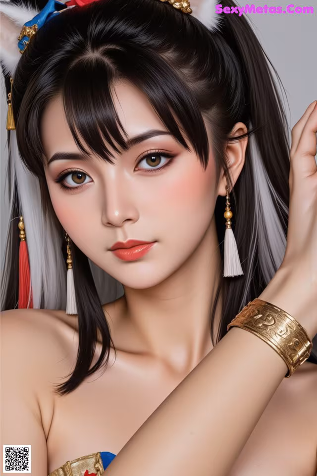 A woman with long black hair wearing a cat ears headband.
