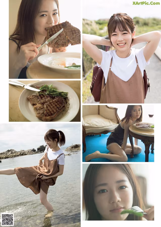 A collage of photos of a woman eating a steak.