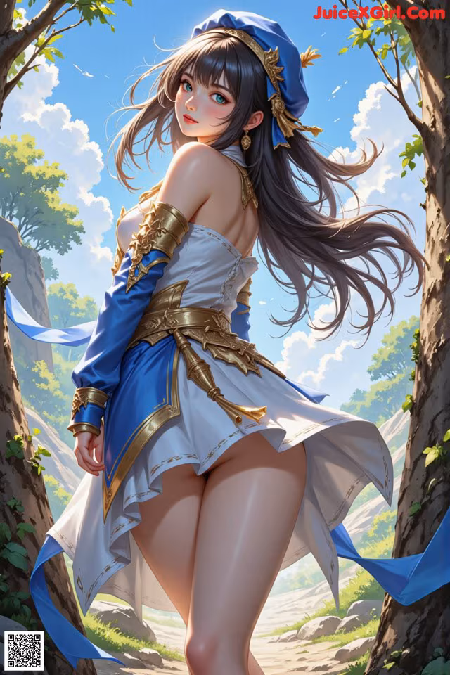 A woman in a blue and white outfit standing in a forest.