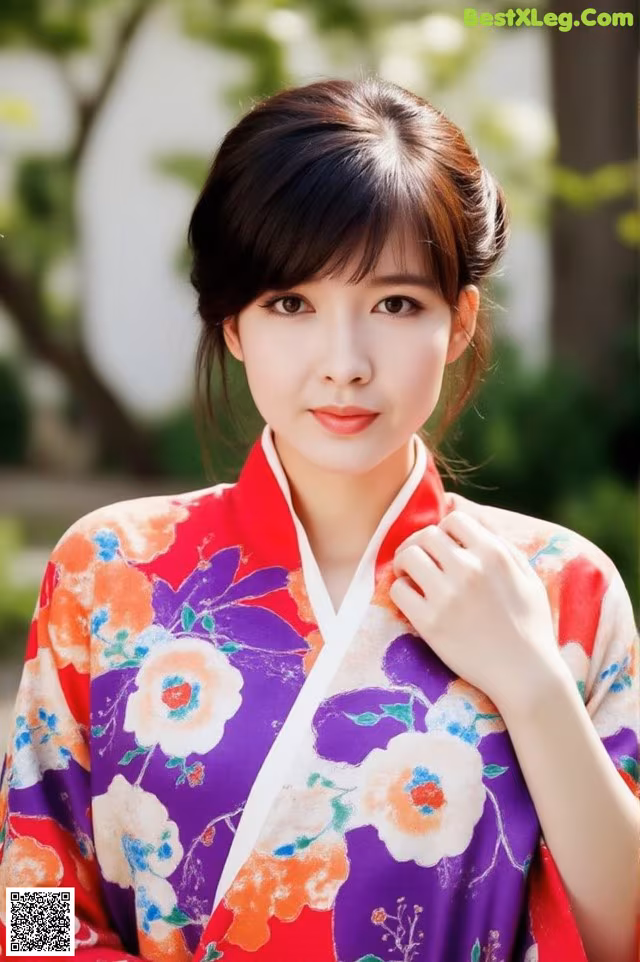 A woman in a colorful kimono posing for a picture.