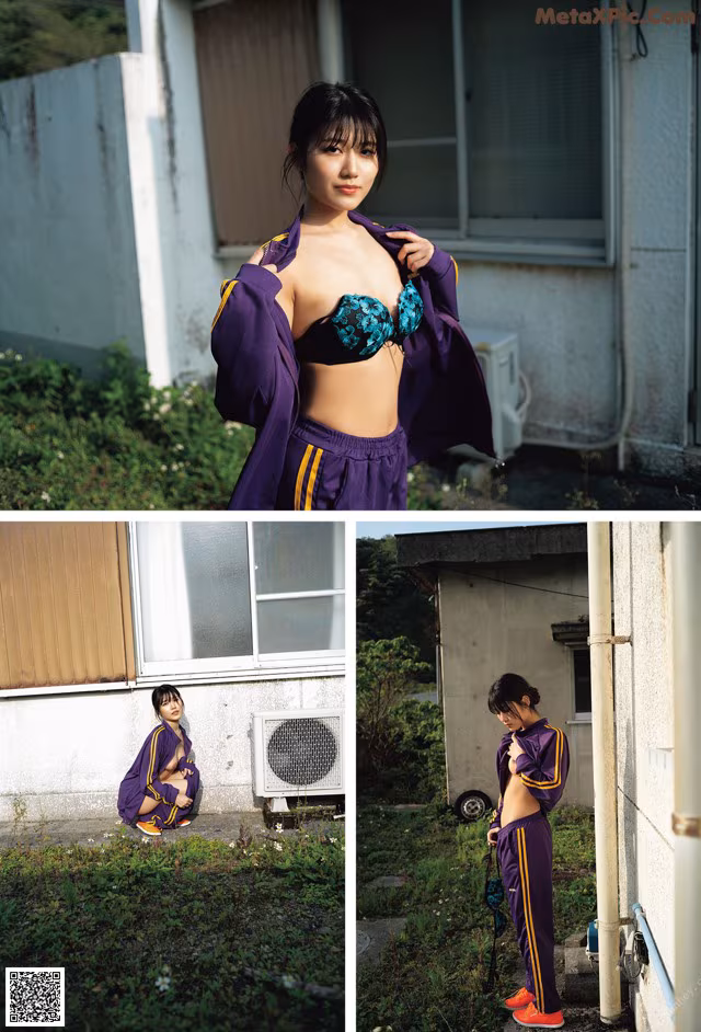 A woman in a purple and blue outfit posing for a picture.