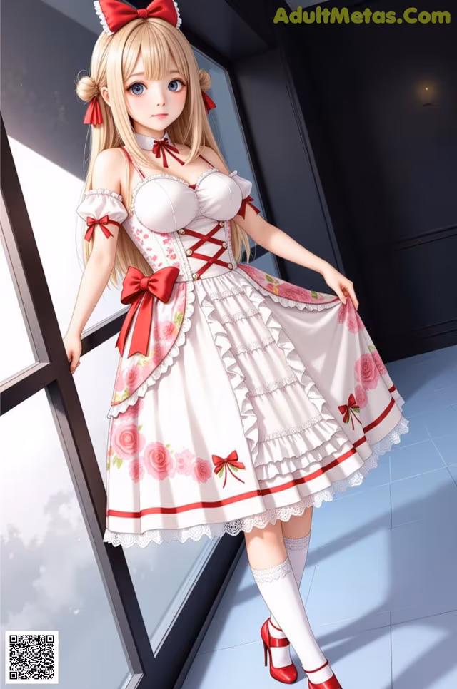 A girl in a white dress with a red bow on her head.