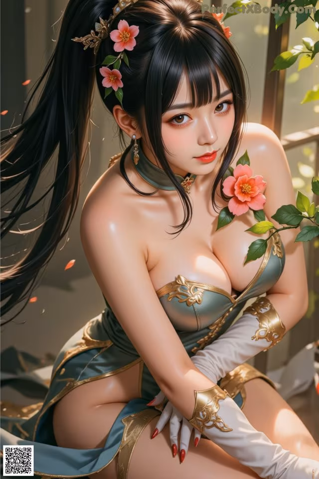 A woman in a green dress with a flower in her hair.