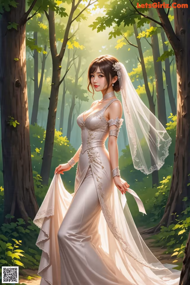 A woman in a wedding dress standing in the woods.