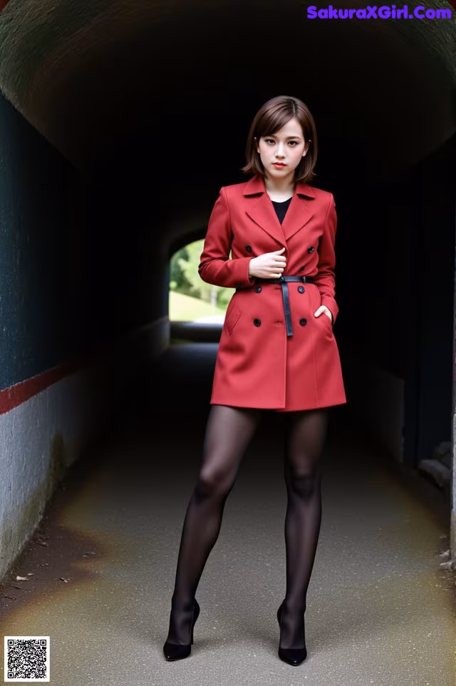 A woman in a red coat is standing in a tunnel.