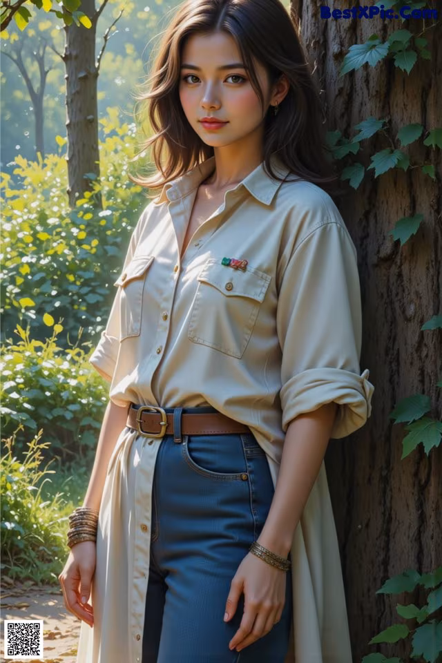 A woman leaning against a tree in a park.