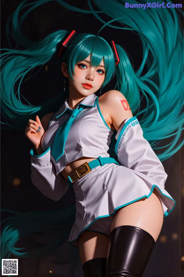 A woman with long green hair wearing a white shirt and black boots.