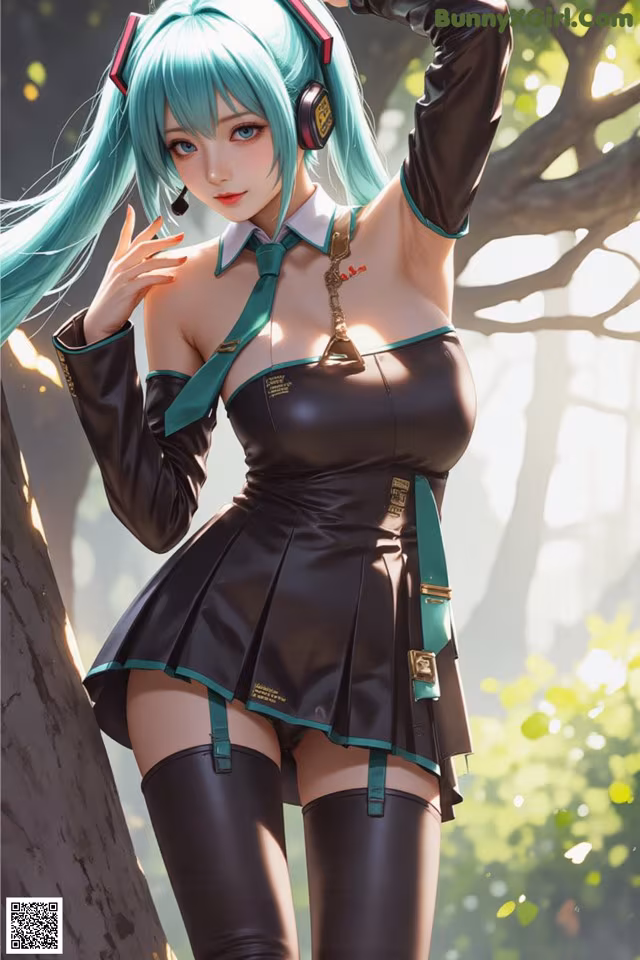 A woman in a black dress and headphones leaning against a tree.